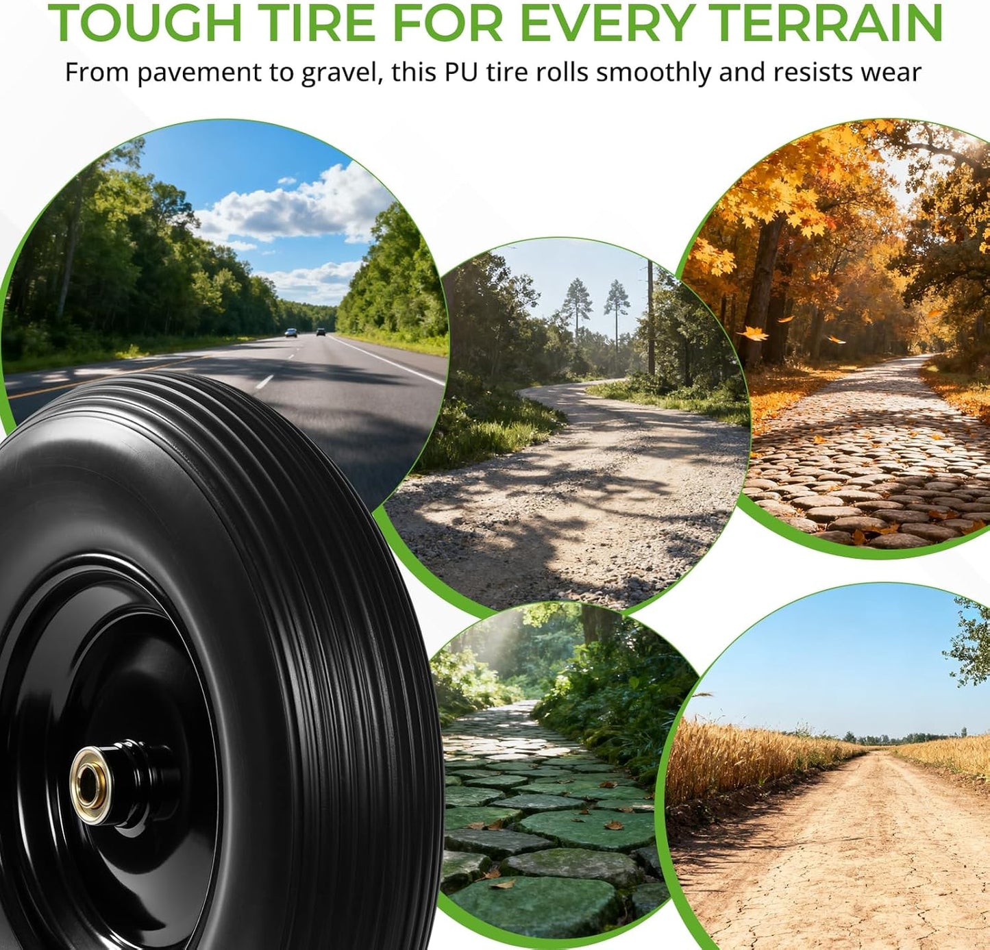 Backyard Expressions 16-Inch Flat-Free PU Tire 2-Pack – Heavy-Duty Solid Poly Wheels with 5/8" & 3/4" Bearings, Spacer Kit & Steel Hubs for Wheelbarrows, Garden Carts, Hand Trucks & Utility Equipment