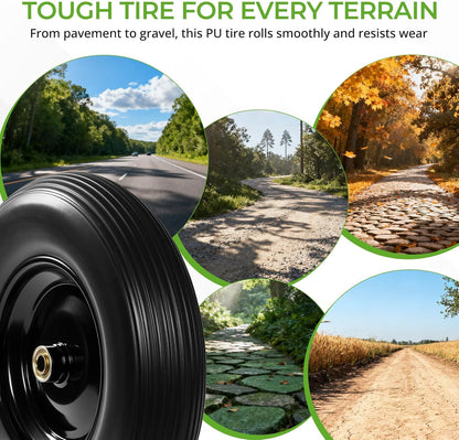 Backyard Expressions 16-Inch Flat-Free PU Tire 2-Pack – Heavy-Duty Solid Poly Wheels with 5/8" & 3/4" Bearings, Spacer Kit & Steel Hubs for Wheelbarrows, Garden Carts, Hand Trucks & Utility Equipment