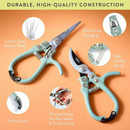 Modern Sprout Hand Pruners & Shears Set - Lightweight Gardening Tools W/Easy Lock - Sharp Carbon Steel Blades -Rust Resistant Scissors for Herbs, Flowers - Reusable Holster - Green