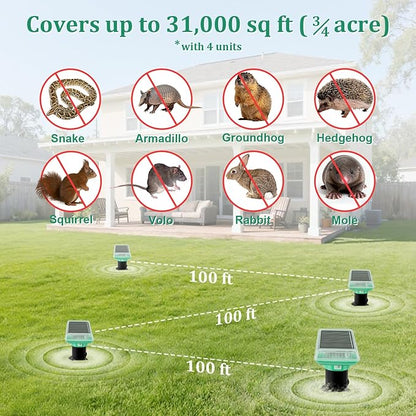 Mole Repellent Solar Powered, IP67 Waterproof Solar Mole Repellent Ultrasonic Snake Repellent Deterrent Gopher Vole Snake Pest and Other Rodent Animals, Get Rid of Moles, Groundhogs