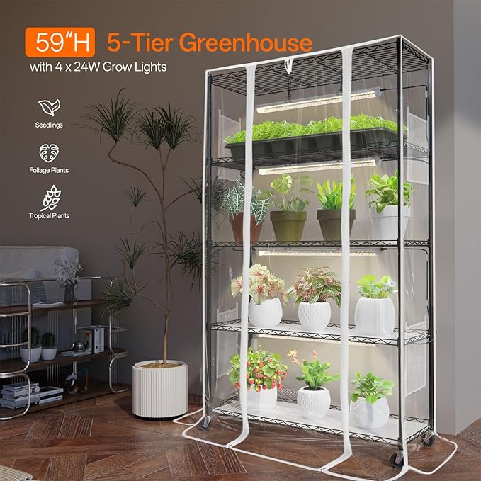 Bstrip Indoor Greenhouse with Grow Light, Mini Green House with 4 Pack 24W Full Spectrum Plant Lights with Timer, Plant Shelf with Tent for Indoor Plant, Seed Starting, Seed Tray, 35.4"x13.8"x59"