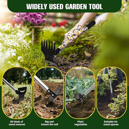 Weed Puller Tool with Long Handle - 58" Manual Weeder Remover Tool, 2 in 1 Hand Weed Rake and Garden Hoe for Gardening, Heavy Duty Uprooting Weeding Pull for Yard, Lawn, Patio and Garden