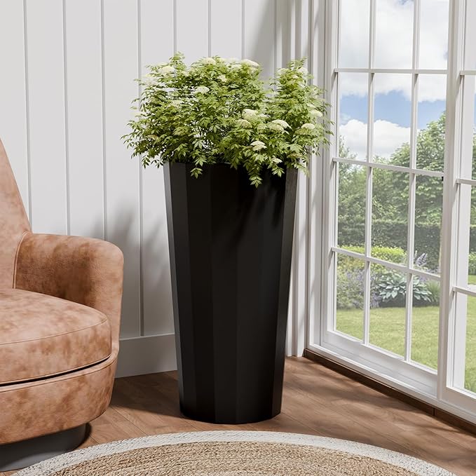 23.6" Tall Planters for Outdoor Plants, Large Outdoor Planters for Porch Decor with Drainage Hole, Wide Stripe Design Flower Pots Fits Indoor Plants Patio/Garden, Plastic Black (2 Pack)