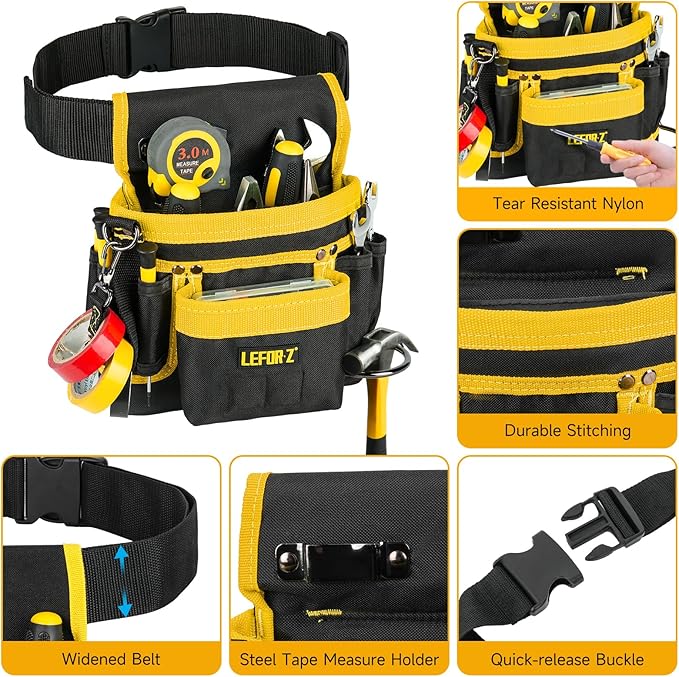 Tool Belt,Magnetic Tool Pouch,14-Pockets Tool Belts for Men,Detachable & Adjustable Tool Pouch belt for Electrician,Carpenter,Construction,Work Apron,Utility Belt,Black-Yellow