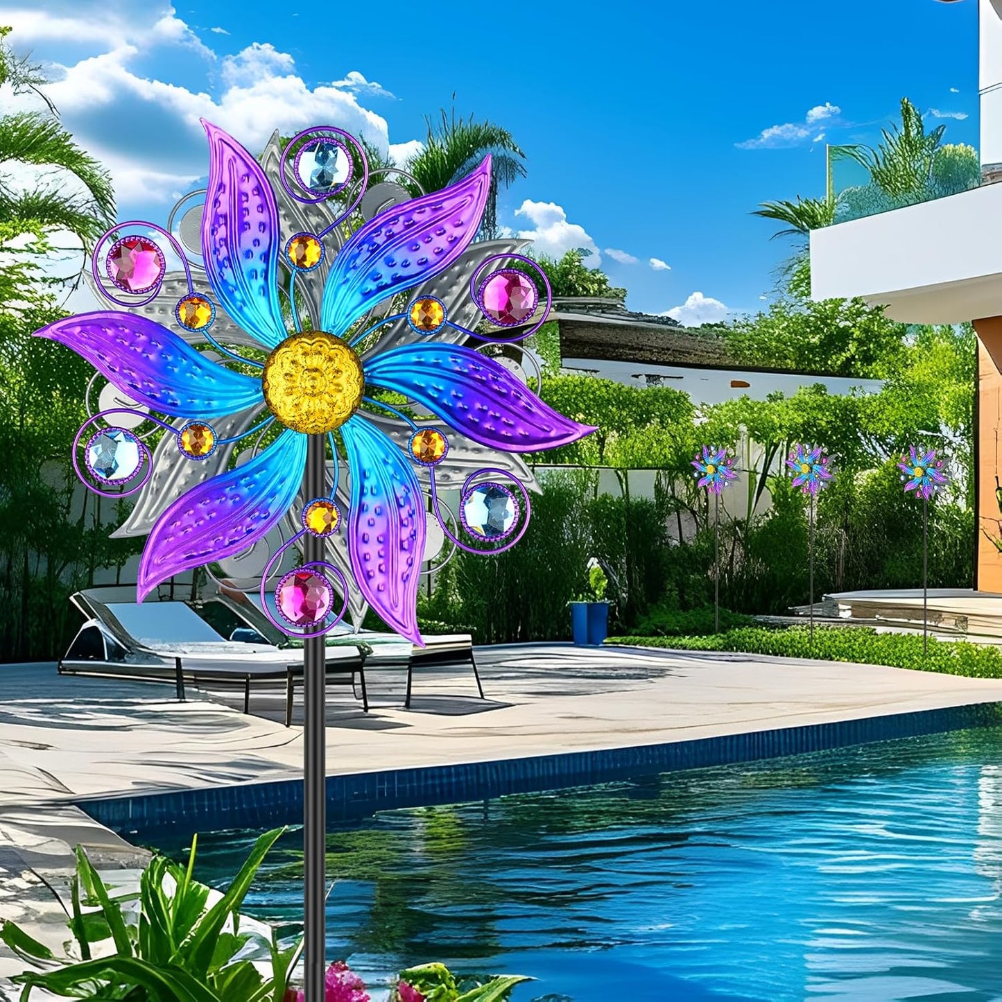 Metal Wind Spinner Outdoor, Purple Flowers Wind Sculpture Spinners with Metal Stake, Yard Art Decor for Patio, Lawn & Garden, Creative Gifts 57.5 * 13.3 Inch