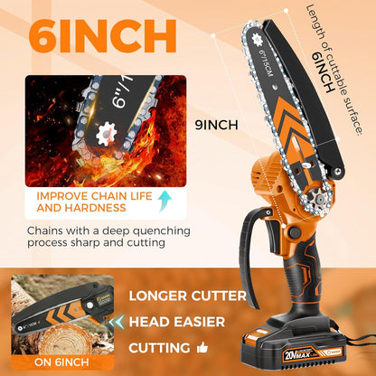 Saker Mini Chainsaw,6 Inch Portable Electric Chainsaw Cordless, Small Handheld Chain saw for Tree Branches,Courtyard, Household and Garden(SK1806D-O)