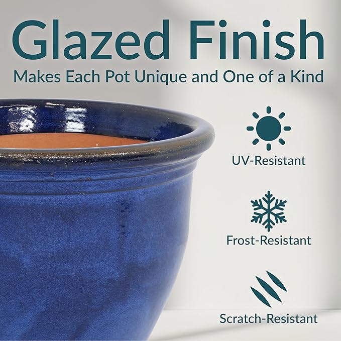 Sunnydaze Large Ceramic Plant Pot - Round Outdoor Glazed Ceramic Planter Pot with Drainage - Studio - Imperial Blue - 18.5"
