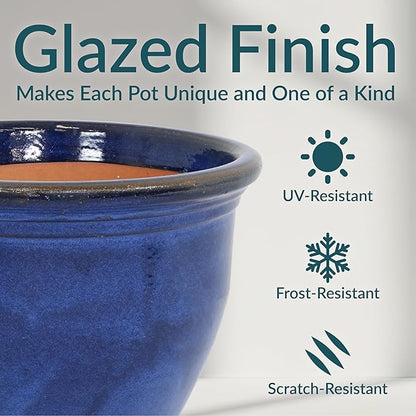 Sunnydaze Large Ceramic Plant Pot - Round Outdoor Glazed Ceramic Planter Pot with Drainage - Studio - Imperial Blue - 18.5"