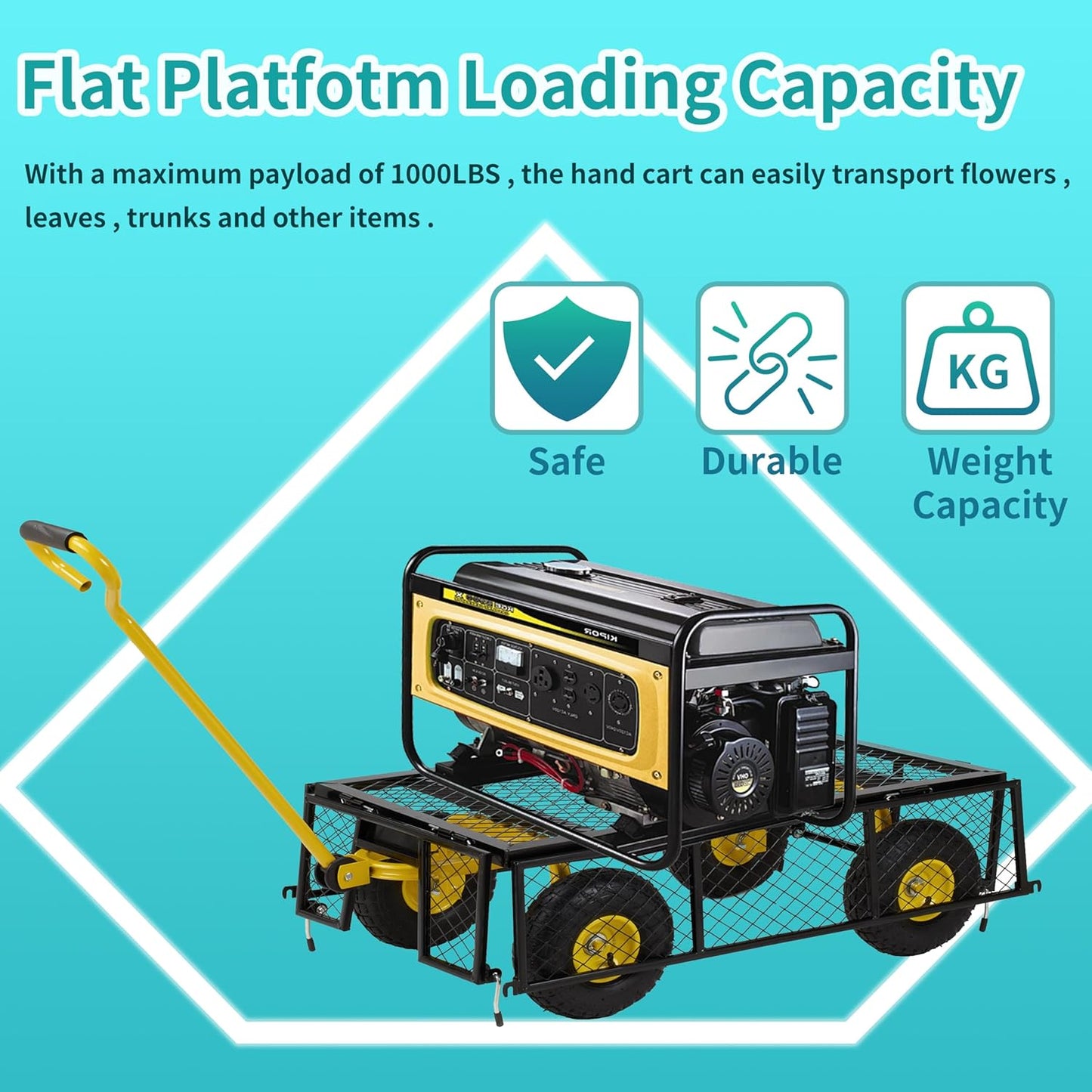 Finnhomy Heavy Duty 1000 Lbs Capacity Mesh Steel Garden Cart, Pullable Garden Wagons Carts on Wheels, Folding Utility Wagon with Removable Sides for Outdoor, Yard, Lawn, Yellow