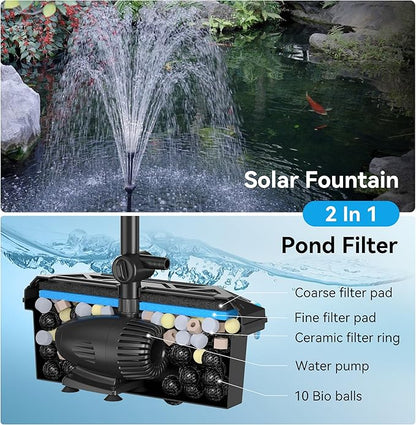 NFESOLAR Pond Filter Fountain with 50W Solar Panel, 580 GPH Water Pump, 10 FT Extension Cord, Solar Fountain Pump with Pond Filter Box Outdoor for Koi Ponds Water Feature Waterfall Pool