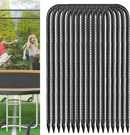 Black Trampoline Stakes Anchors High Wind 12inx6mm Galvanized U Hook 12pcs Rebar Stakes – Heavy Duty Ground Anchors for Trampoline,Yard & Inflatable,Landscape Metal Stakes for Outdoor Decorations