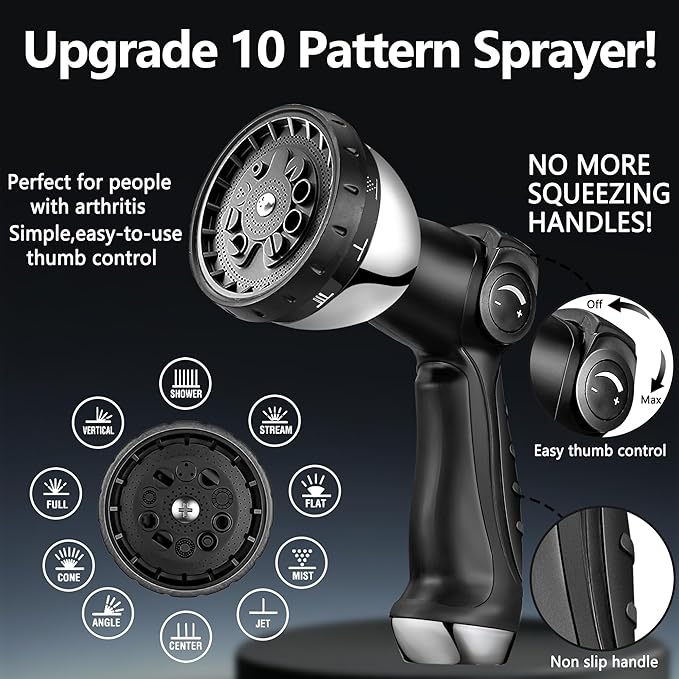 50 ft Garden Hsoe - 2025 New 304 Stainless Steel Garden Hose with 10-Function Spray Gun, 3/4'' Copper-Chrome Fittings – Lightweight, Durable, and Kink-Free, Metal Water Hoses for Gardening