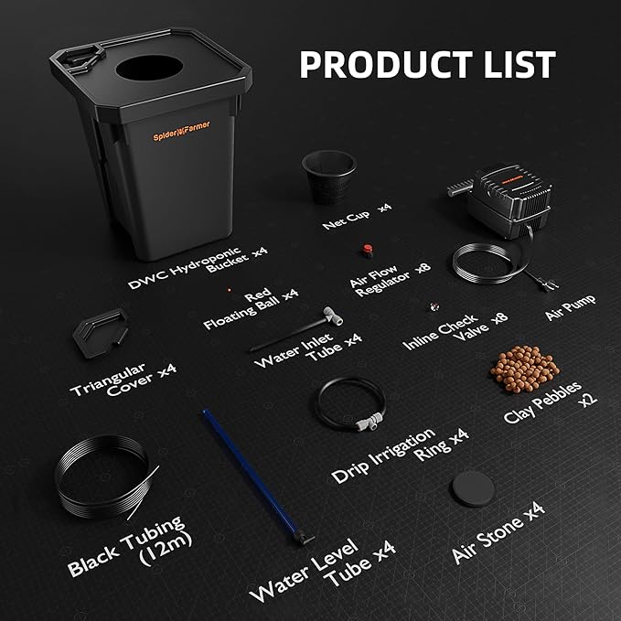 Spider Farmer DWC Hydroponics Grow System with 7-Gallon Deep Water Culture, New Triangular Cover Design, Recirculating Drip Garden System with Top Drip Kit, 15W Air Pump, 4 Buckets