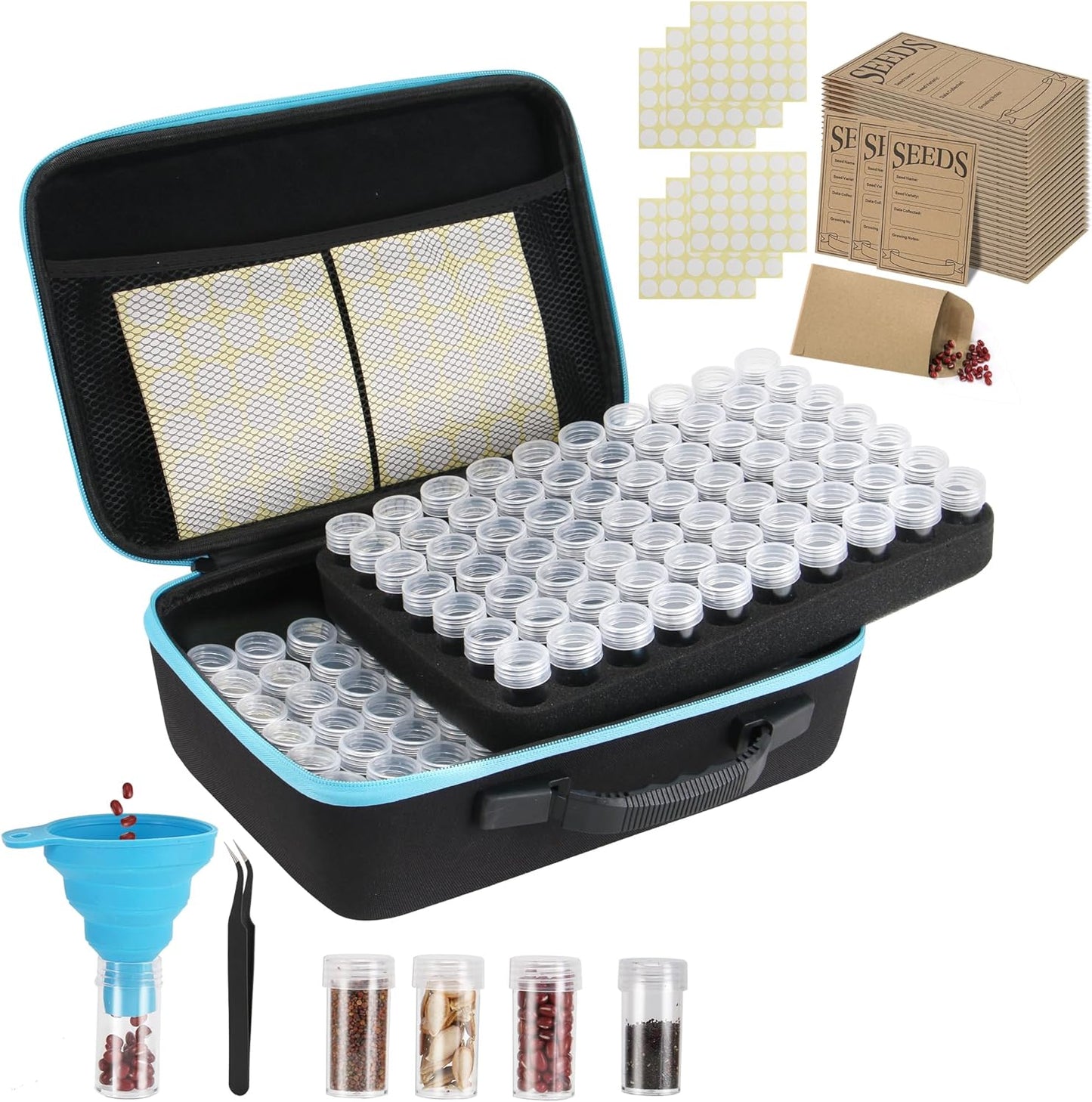 140 Slots Seed Storage Organizer, Garden Saving kit Seed Organizer with 30 Seed Envelopes, Write Label, Funnel, Tweezer for Plants Vegetable Seed Saver (Seeds not Included)