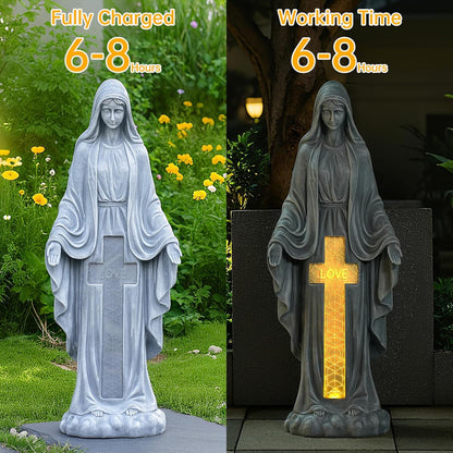 Solar Virgin Mary Praying Statue 27.9 Inch- Outdoor Religious Garden Decor with LED Lights, Weather-Resistant Magnesium Oxide Sculpture for Yard, Patio, Entryway （Gray Solar Virgin Mary）