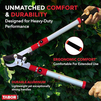 TABOR TOOLS GG21A Extendable Bypass Lopper with Compound Action, 27-40 Inch Telescopic Tree Trimmer, Long Handled Branch Cutter with ⌀ 1 1/2 Inch Cut Capacity, Makes Clean Neat Cuts.