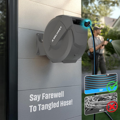 Retractable Garden Hose Reel 100 ft x 1/2 in, Heavy Duty Hose Reel Wall Mount with Any Length Lock, Auto Rewind System, 180° Swivel Bracket, 10-Pattern Garden Hose Nozzle, Dark Grey