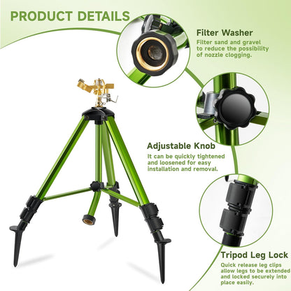 Impact Sprinklers on Tripod Base with Ground Plugs,Heavy Duty Brass Head Sprinkler with 360 Degree Spray,0-44ft Large Area Irrigation,Tripod Sprinkler with Extension Legs for Yard Garden Lawn,2 Pack