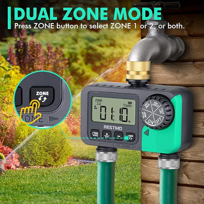 RESTMO Water Timer for Garden Hose, Sprinkler Timer with Brass Inlet, Automatic Digital Control | Manual ON/Off | Rain Delay, for Outdoor Faucet, Drip Irrigation and Lawn, 2 Outlet