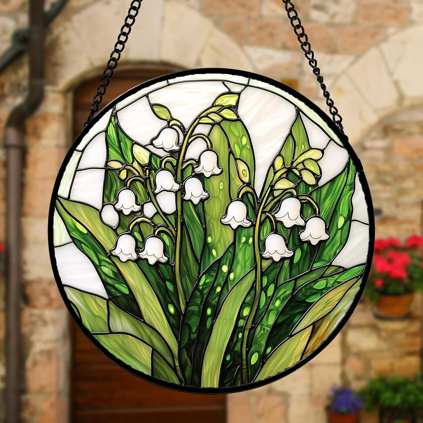 Stained Glass Window Hanging, Lily of The Valley Flower Sun Catchers Colorful Glass Panel Green Plants Suncatcher Decor for Birthday for Women, Men,Wife, Lovers, and Mom 9.8 in