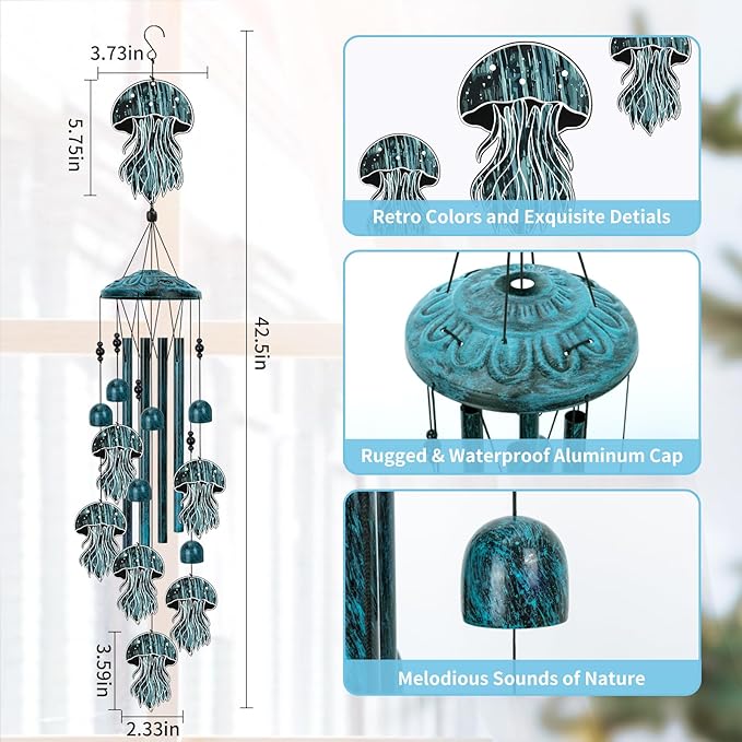 Jellyfish Wind Chimes for Outside, Large Jellyfish Gifts for Women, Memorial Jellyfish Wind Chime, Metal Jellyfish Decor, 40" Outdoor Garden Decor for Lawn, Porch, Patio, Yard
