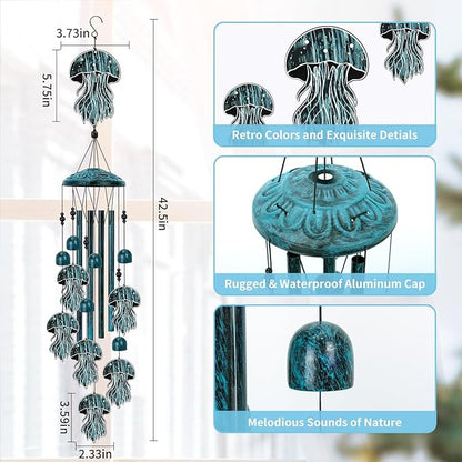 Jellyfish Wind Chimes for Outside, Large Jellyfish Gifts for Women, Memorial Jellyfish Wind Chime, Metal Jellyfish Decor, 40" Outdoor Garden Decor for Lawn, Porch, Patio, Yard