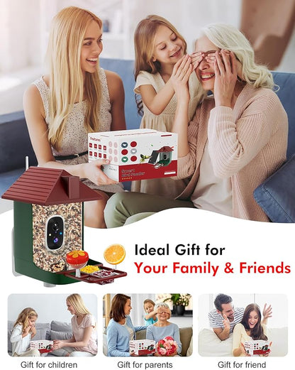 Smart Bird Feeder with Camera,5200mAh Battery with Solar Panel, 4K Native Resolution Live View, AI Species Identification, Auto Capture & Instant Arrival Alert, Ideal Gift for Bird Lovers (Red Green)