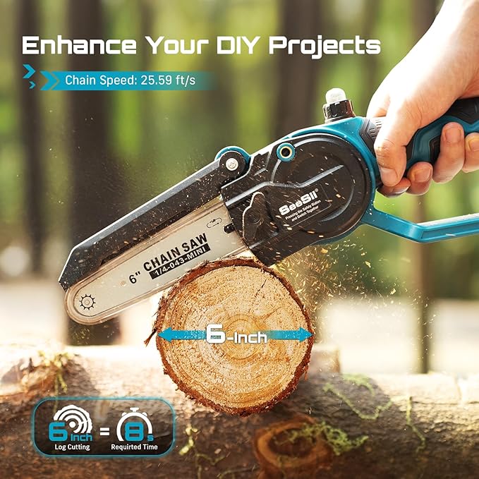 SEESII Mini Chainsaw & Pruning Shears: 6" Electric Saw Brushless & 1.3" Pruner with 2×2.0Ah Batteries, Cordless Combo for Wood Cutting/Branch Trimming, Gardening Tools for Dad Men Husband