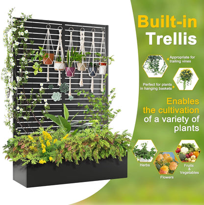FENCY Metal Raised Garden Bed with Trellis, Metal Planter Box with Trellis, Garden Box for Climbing Plants Vegetable, 47" Lx16 Wx71 H Garden Bed with Drainage Holes(Black-Louvered)