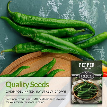 Mexican Serrano Pepper Seeds for Planting | Fresh Hot Chili & Green Hot Pepper Seeds – Heirloom Non-GMO Variety for Sauce, Salsa & Pickling – Survival Garden Seeds (2 Packs)