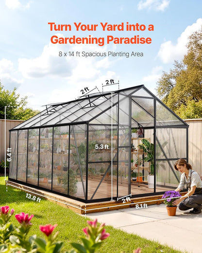 VEVOR 8 x 14 FT Polycarbonate Greenhouse, Heavy Duty Outdoor Green House with Adjustable Vent & Push-Pull Lockable Door, Quick Setup, Aluminum Frame Walk-in Greenhouse Sunroom for Outside Garden Lawn