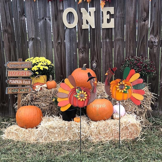 YEAHOME Thanksgiving Decorations Outdoor, 2PCS Turkey Decorative Garden Stakes with Sunflowers for Fall Thanksgiving Decor, Metal Yard Signs for Home Garden Lawn Porch Fall Decorations