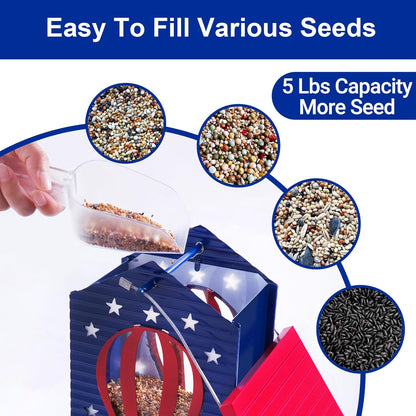 Squirrel Proof Bird Feeder, Metal Bird Seed House Feeders for Outdoors Weight -Activated Protection, Water Proof, 5 lbs Large Capacity Anit Squirrel for Outside Cardinal, Chickadee