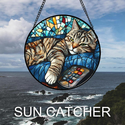Stained Glass Window Hanging Gray Cat and Remote Control Large 11.8" - Suncatcher Door Garden Kitchen Sun Catcher Home Decor Birthday for Lost Pets Mom Men Woman Friend Grandma