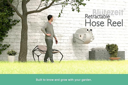 Blütezeit Retractable Garden Hose Reel 5/8'' x 100 ft, Heavy Duty Hose Reel Wall Mount with 3/4''GHT Brass Fitting, Automatic Slow Rewind, Any Length Lock, 180° Swivel, 9 Function Hose Nozzle