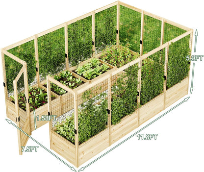 AMERLIFE Raised Garden Bed with Deer Proof Fence, 7.5Wx12Dx6H Outdoor Wooden Raised Garden Bed Planter with 19" Depth Planter Box