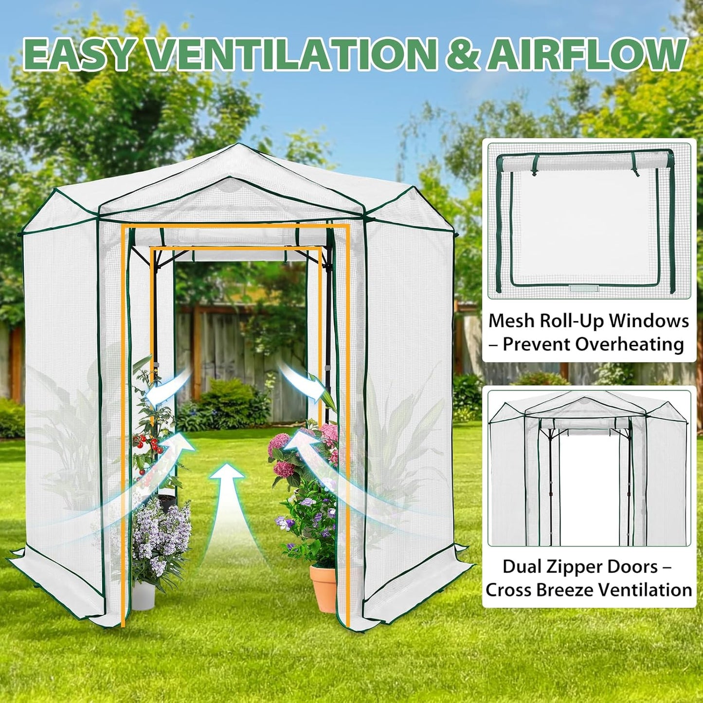 EAGLE PEAK 6.6x6.6 ft Hexagon Pop up Greenhouse, Portable Walk-in Grow Tent for Seed Starting, Garden Plants, Indoor Outdoor Green House, All-Weather Plant Shelter, PE Cover, White/Clear