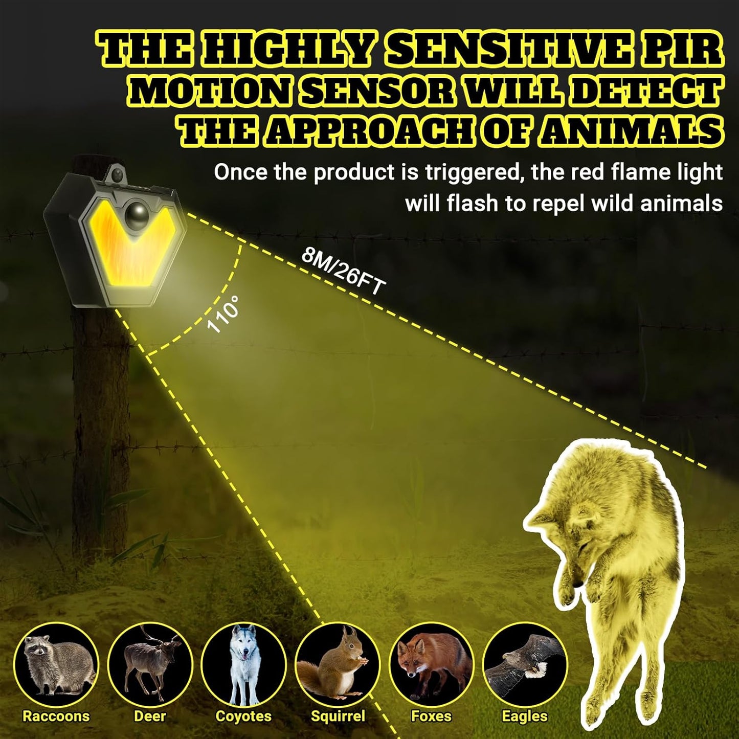 Qualirey 4 Pcs Upgraded Solar Nocturnal Animal Repeller Flickering Flame Outdoor Animal Repellent Motion Activated Coyote Deterrent Light for Skunk Deer Chicken Coop Farm Garden Yard(Orange Light)