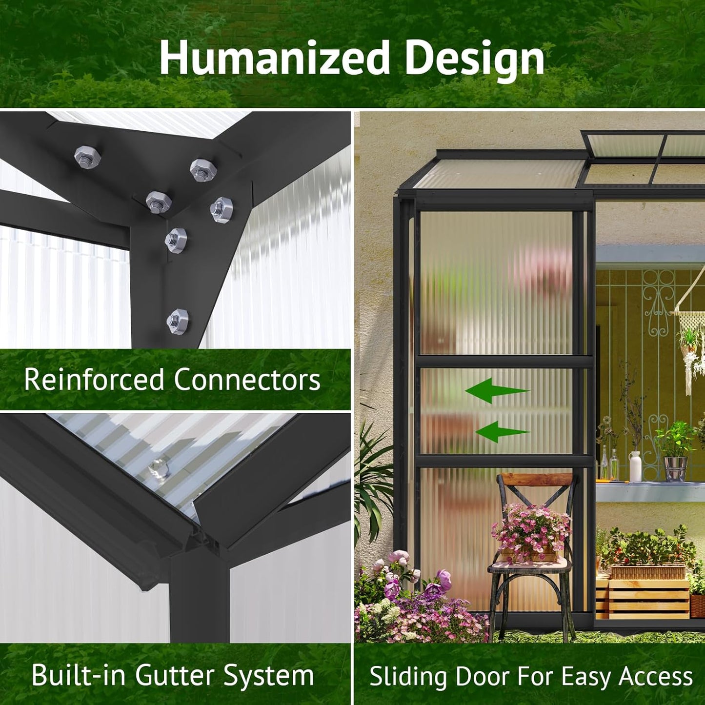 6x2ft Lean-to Polycarbonate Greenhouse, Small Walk-in Green House, with Adjustable Roof Vent, Rain Gutter and Sliding Door, Outdoor Greenhouse for Terrace, Backyard Black