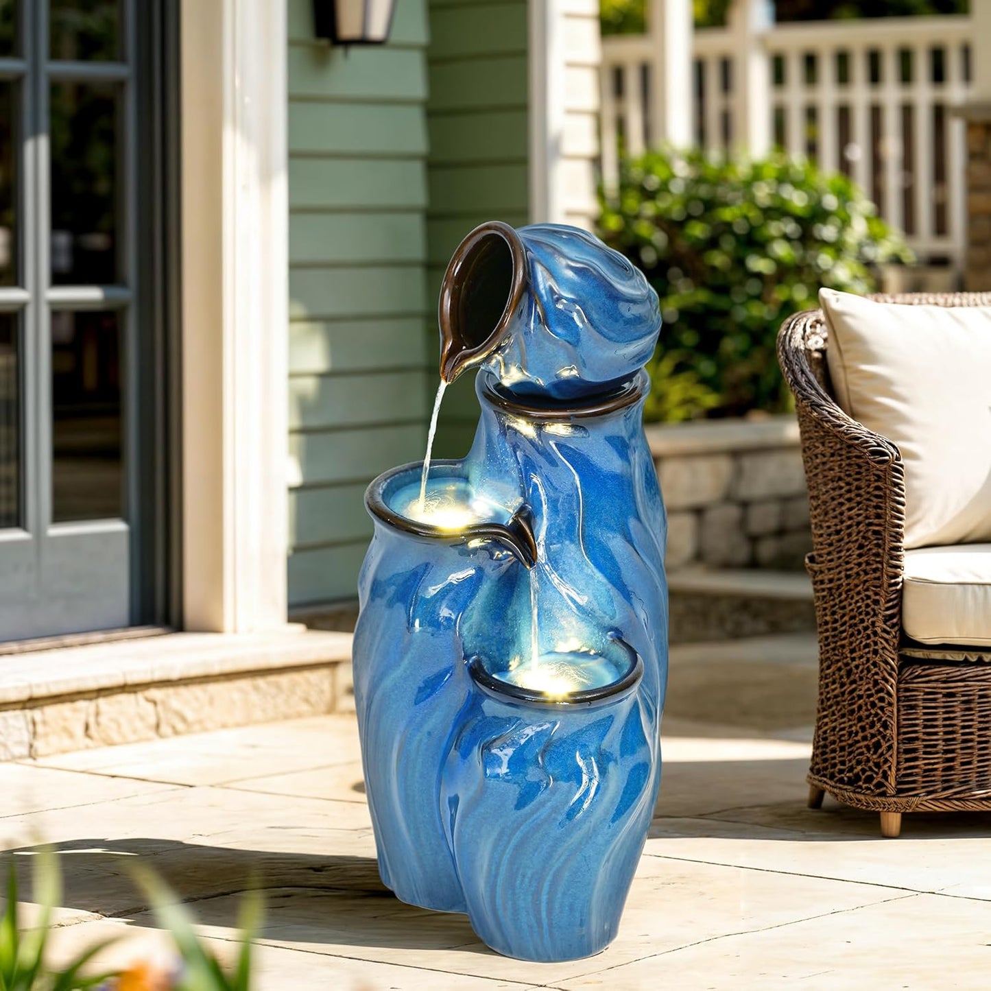 29" Ceramic Outdoor Fountain with Lights, 4-Tier Pots Waterfalls Patio Water Fountain, Tranquil Oasis for Relaxing Garden, Yard, or Porch Decor, Turquoise, Dynamic Wave-Texture