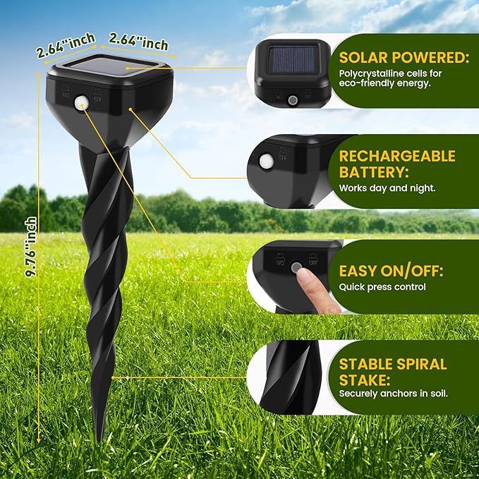 2025 Upgraded Mole & Snake & Skunk & Rabbit Repellent Solar Powered, Ultrasonic Deterrent, IP65 Waterproof, Effective Get Rid of Gopher Raccoon Vole Groundhog Chipmunk for Yard Lawn Garden, 4-Pack