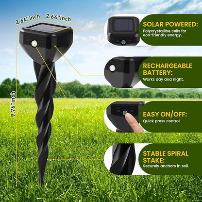 2025 Upgraded Mole & Snake & Skunk & Rabbit Repellent Solar Powered, Ultrasonic Deterrent, IP65 Waterproof, Effective Get Rid of Gopher Raccoon Vole Groundhog Chipmunk for Yard Lawn Garden, 4-Pack