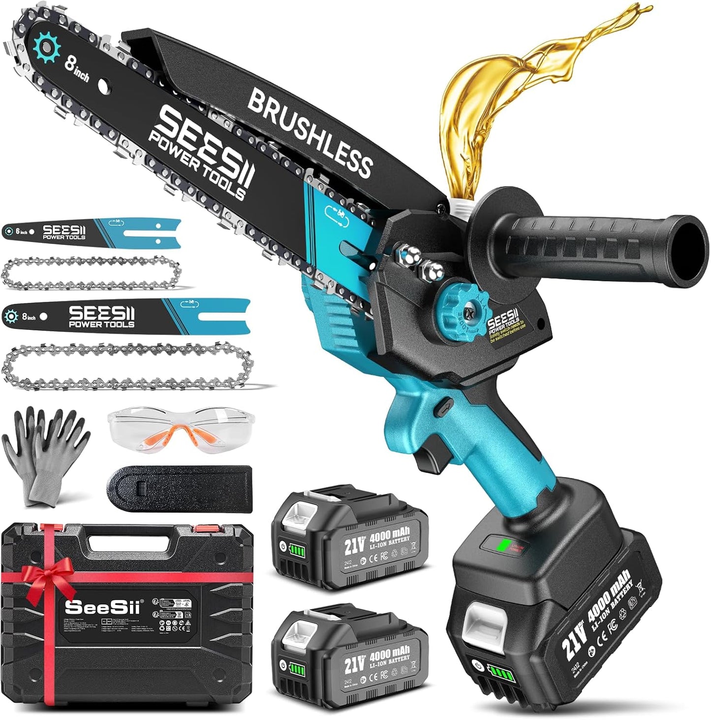 Mini Chainsaw Cordless Battery Powered: 8 inch & 6 inch Electric Chain Saw with 2 Pack 4000mA Batteries, Handheld Saw for Trees Branches Trimming Wood Cutting, Gardening Tools for Dad Husband Men