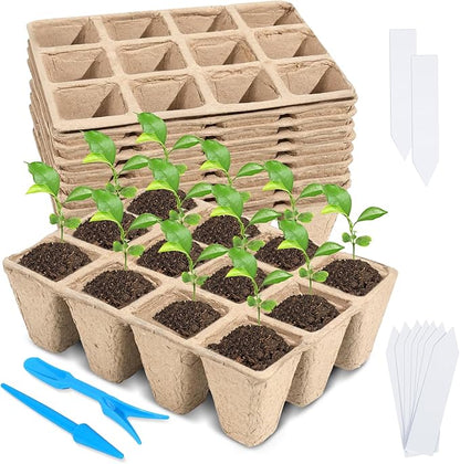 10 Packs Seedling Starter Trays, 120 Cells Biodegradable Seed Starter Plant Pots，Seed Germination Starter Tray Kit with 20 Labels, 2 Transplant Tools