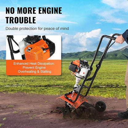VEVOR Tiller Cultivator, 31CC 4-Stroke Garden Cultivator, Tiller with 4 Steel Adjustable Front Tines for Lawn, Garden and Field Soil Cultivation, Orange