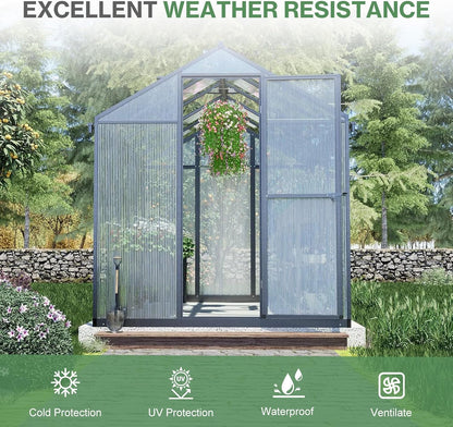 Aoodor 6 x 10 Ft Walk-in Greenhouse with Gutter, Polycarbonate and Heavy-Duty Aluminum Frame, Adjustment Skylight and Lockable 2-Sided Door for Patio, Outdoor, Yard, Lawn Use, Black