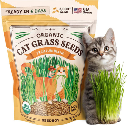 Seedboy Organic Cat Grass Seeds for Planting, Non-GMO Wheat, Oat, Rye, and Barley Cat Grass for Indoor Cats (8 oz)