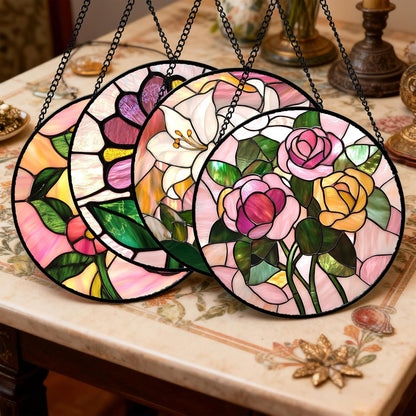 Stained Glass Window Hanging 4 Pcs Set Pink Floral Theme Large 15" - Flowers Suncatcher Door Garden Sun Catcher Decor Birthday Christmas for Mom Woman Nana Men Friend