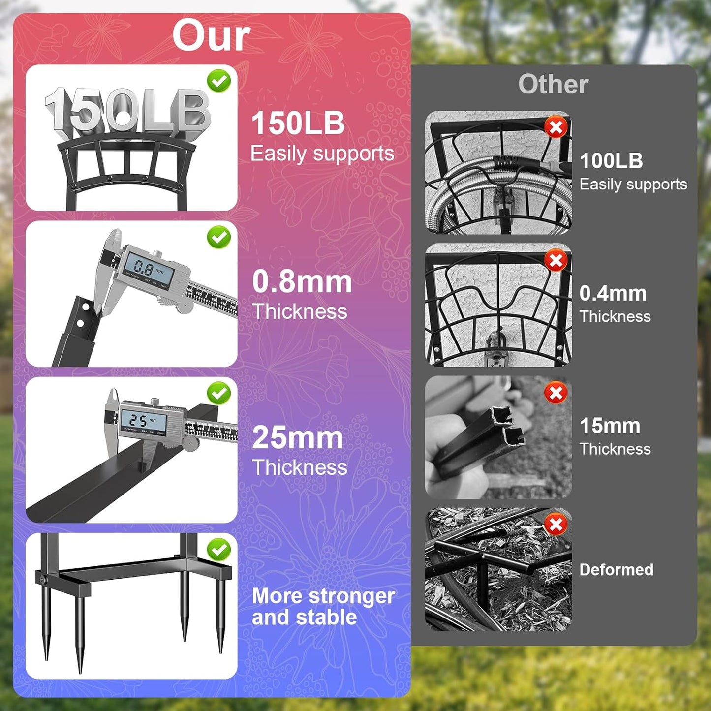 Garden Hose Holder Freestanding, Outdoor Heavy Duty Water Hose Holder Reel with 4 Spikes Holds 150-ft Water Pipe, Detachable Metal Hose Storage Stand Hanger Rack for Outside Yard Lawn Farm, Black