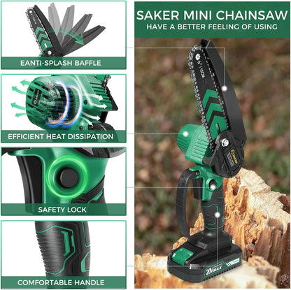 Saker Mini Chainsaw,6 Inch Portable Electric Chainsaw Cordless, Small Handheld Chain saw for Tree Branches,Courtyard, Household and Garden,Gift for Men Dad(SK1806D-G)